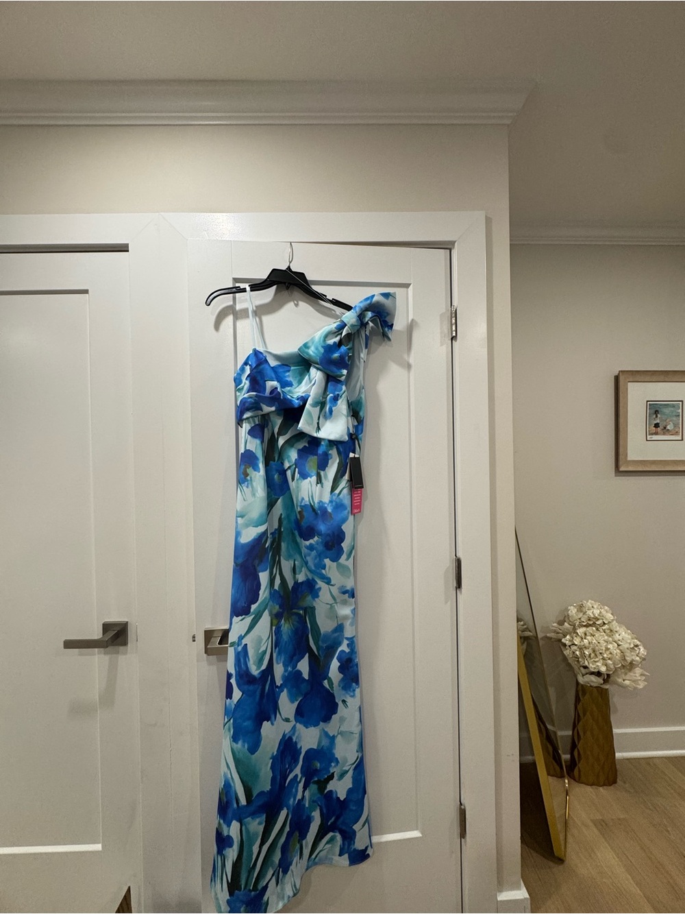 Adrianna Papell Blue Floral One-Shoulder Maxi with Bow